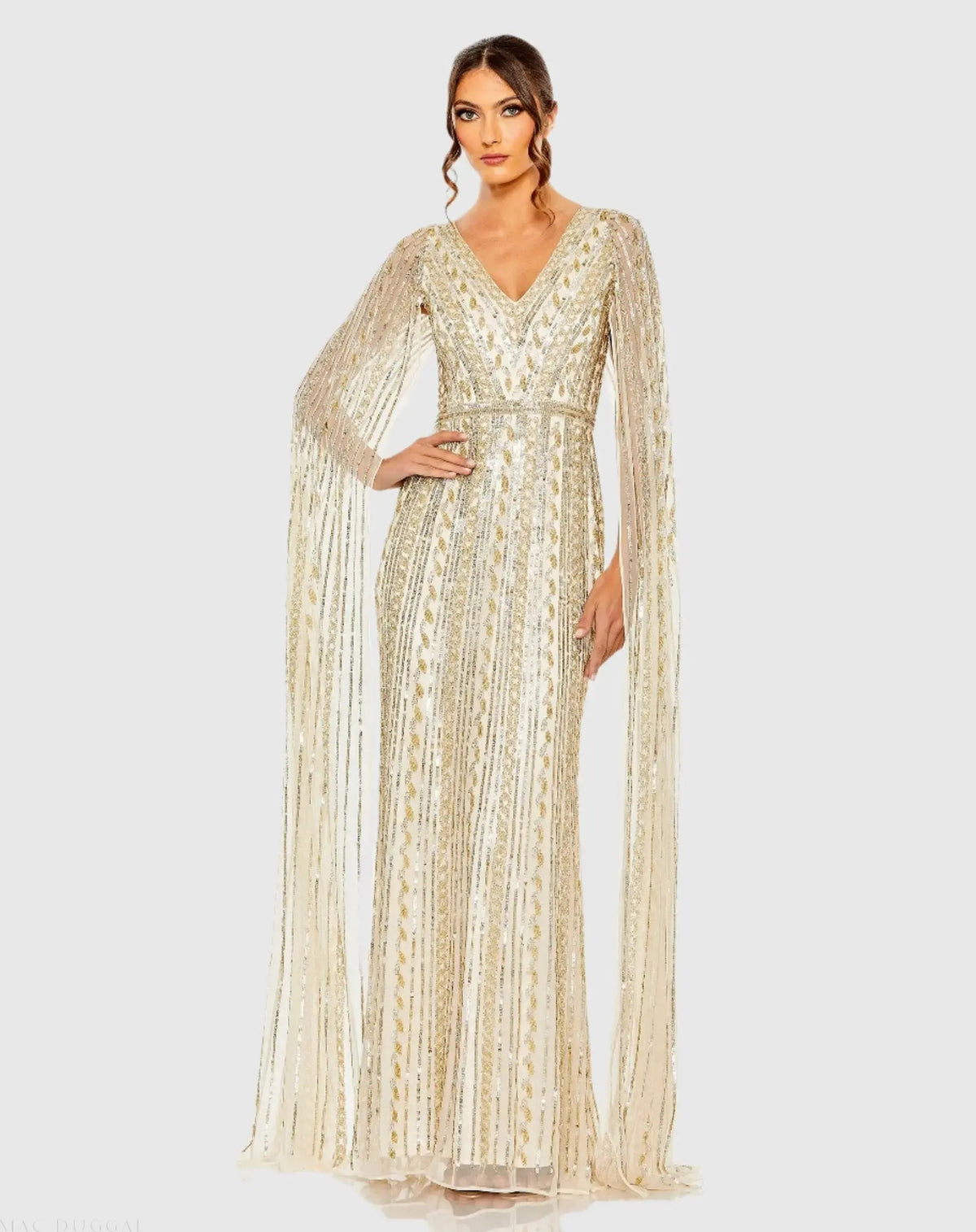 Beige and Silver Sequined V-Neck Gown with Cape Sleeves