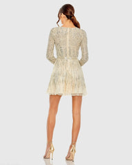 Ivory High Neck Long Sleeve A Line Mini Dress