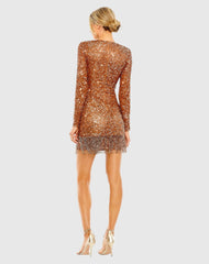 Orange V Neck Long Sleeve Sequin Dress with Fringe Detail