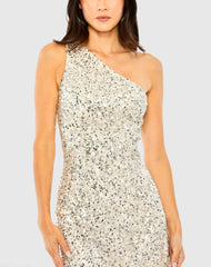 Silver One Shoulder Embellished Fringe Detail Dress