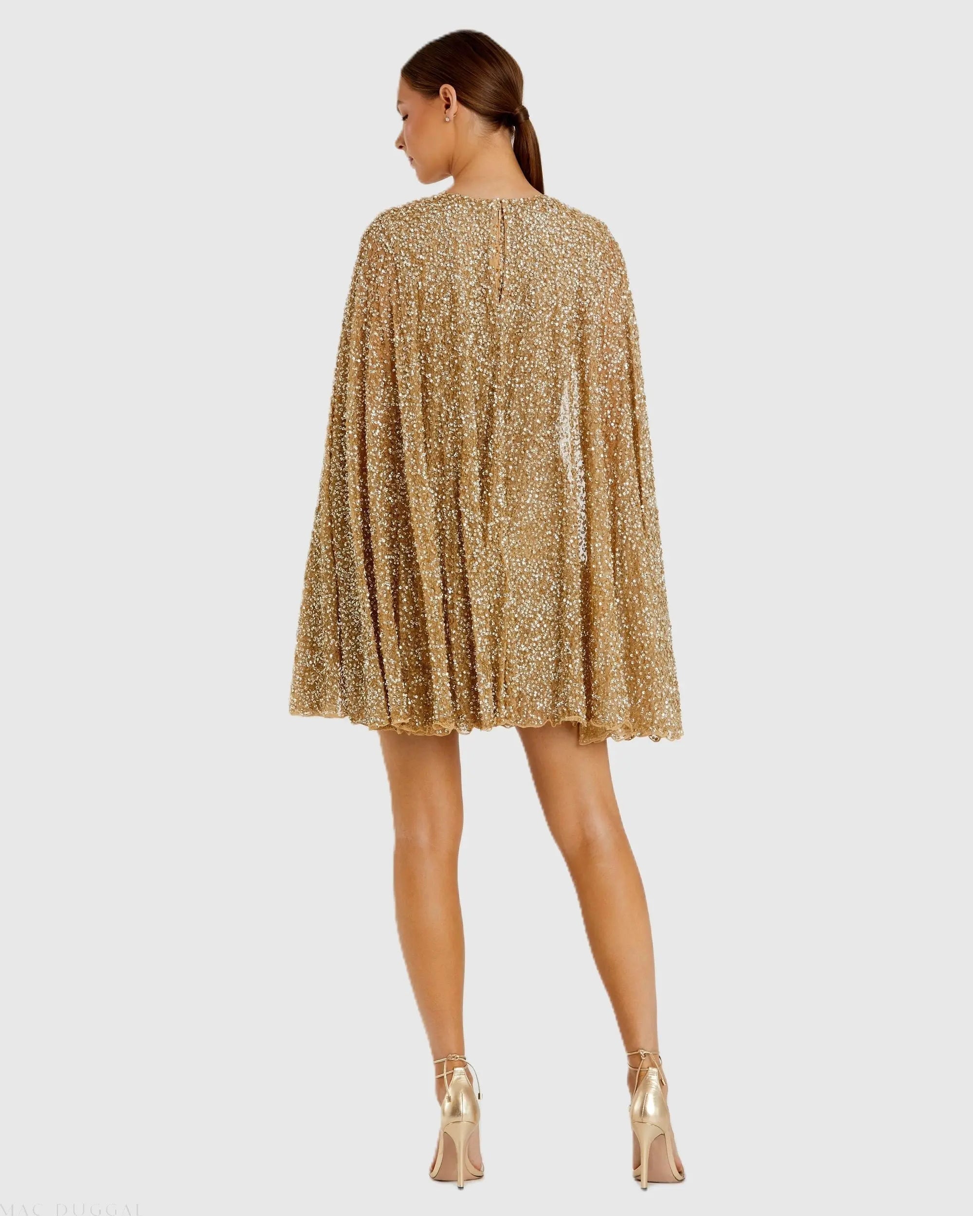 Gold Sequined Cape Sleeve Mini Dress