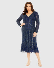 Navy Long Sleeve Embellished Dress