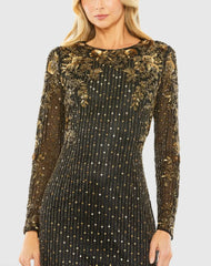 Black High Neck Long Sleeve Embellished Gown