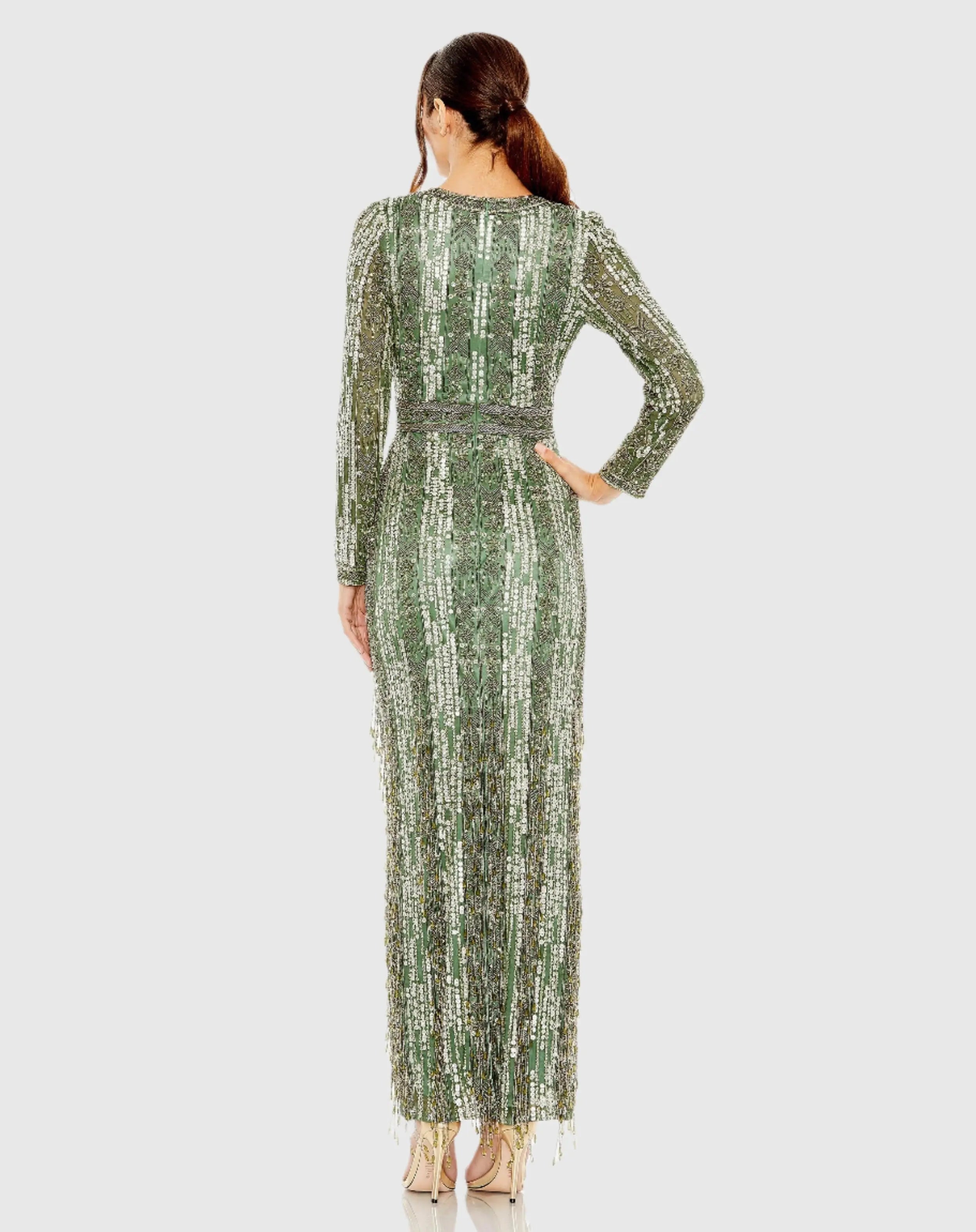 Green Long Sleeve Beaded Gown with Crystal Fringe