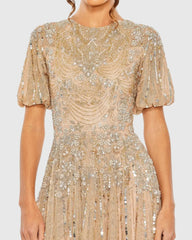 Beige High Neck Puff Sleeve Embellished A Line Gown