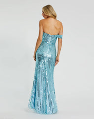 Blue One Shoulder Mesh Sequin Gown With Slit