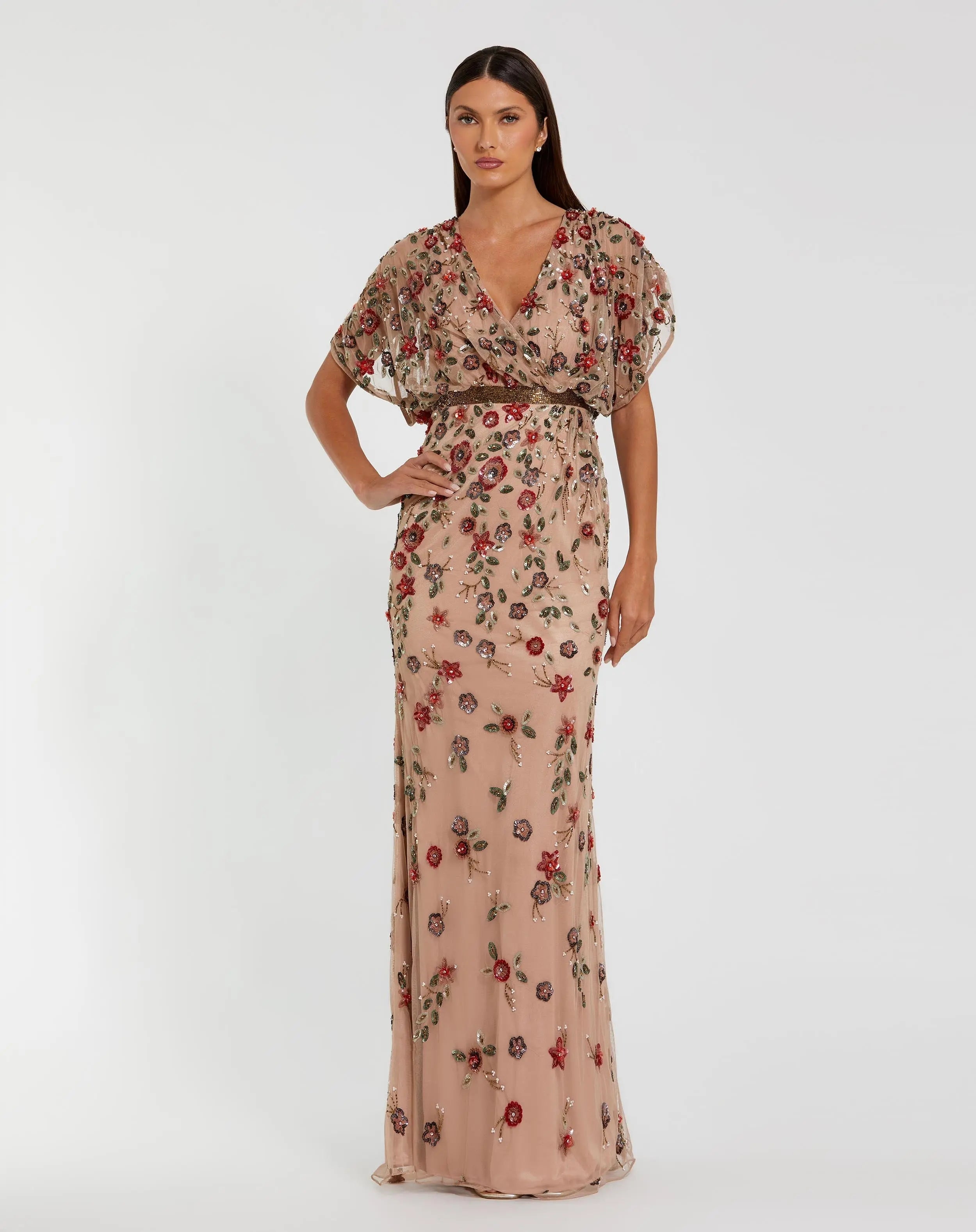 Floral Embellished Short Sleeve Blouson Gown