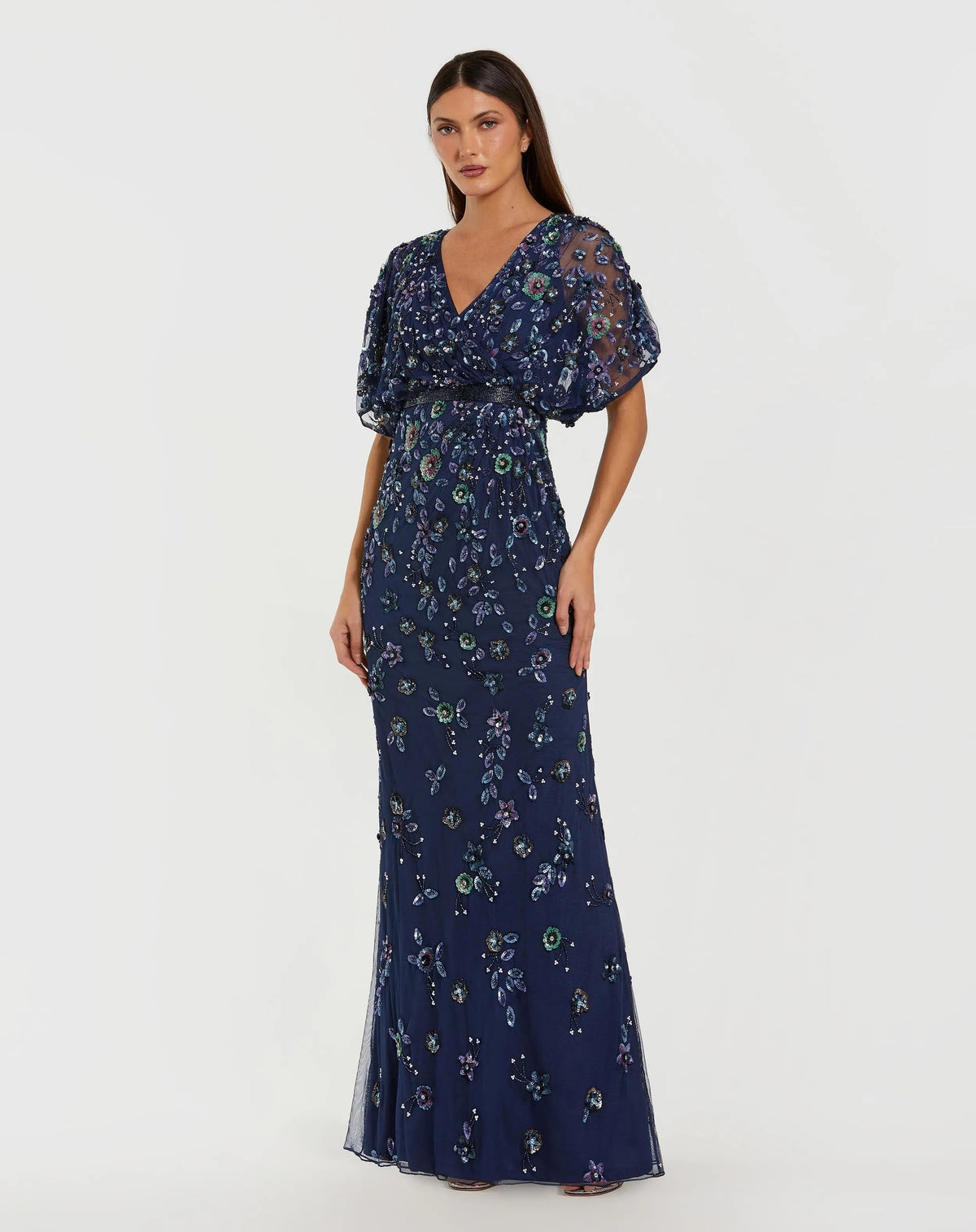 Navy Floral Embellished Short Sleeve Blouson Gown