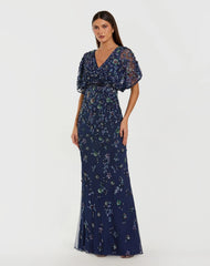 Floral Embellished Short Sleeve Blouson Gown