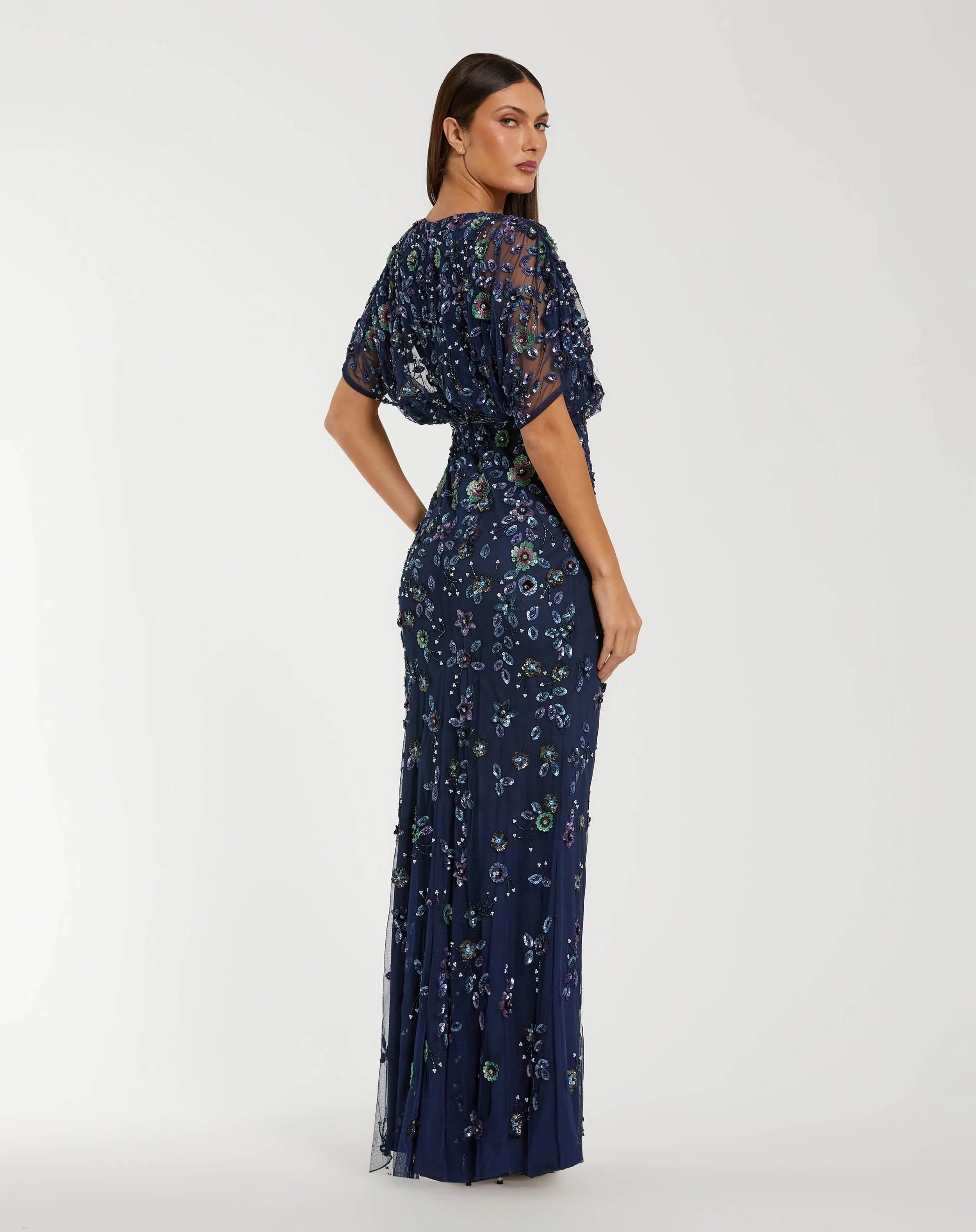 Navy Floral Embellished Short Sleeve Blouson Gown
