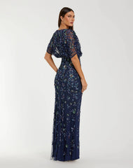 Navy Floral Embellished Short Sleeve Blouson Gown