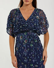 Navy Floral Embellished Short Sleeve Blouson Gown