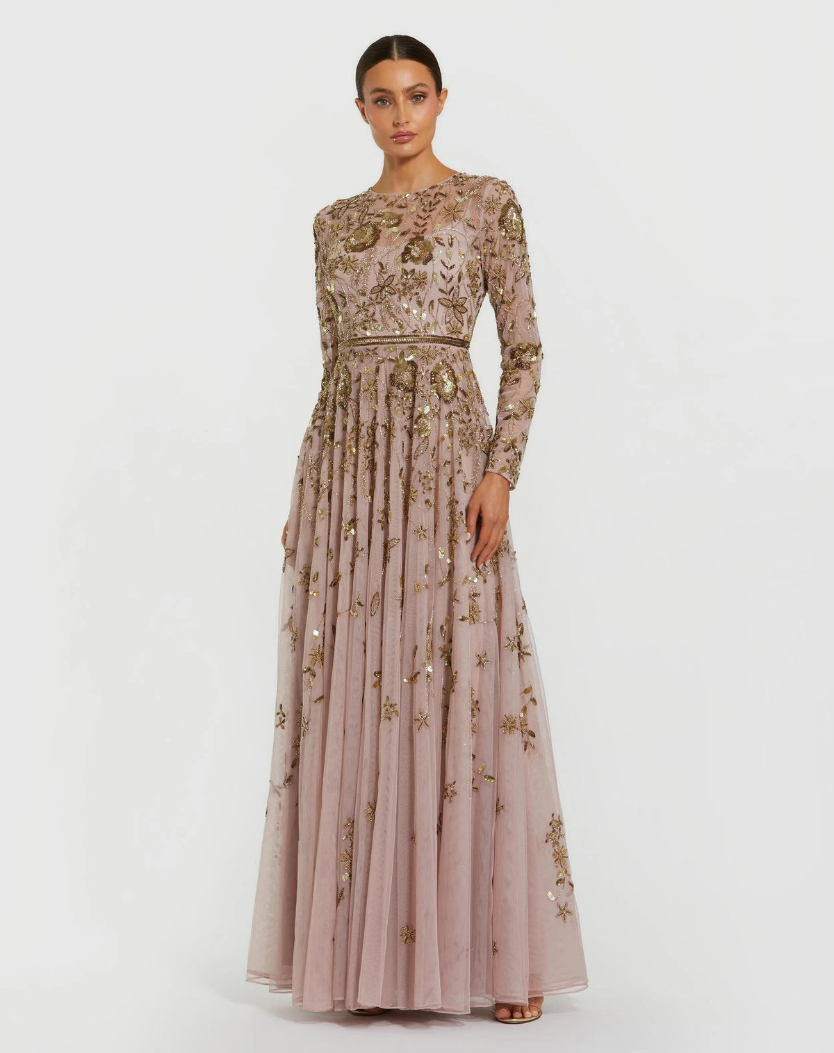 Light Pink Long Sleeve Hand Embellished Floral A-line Gown