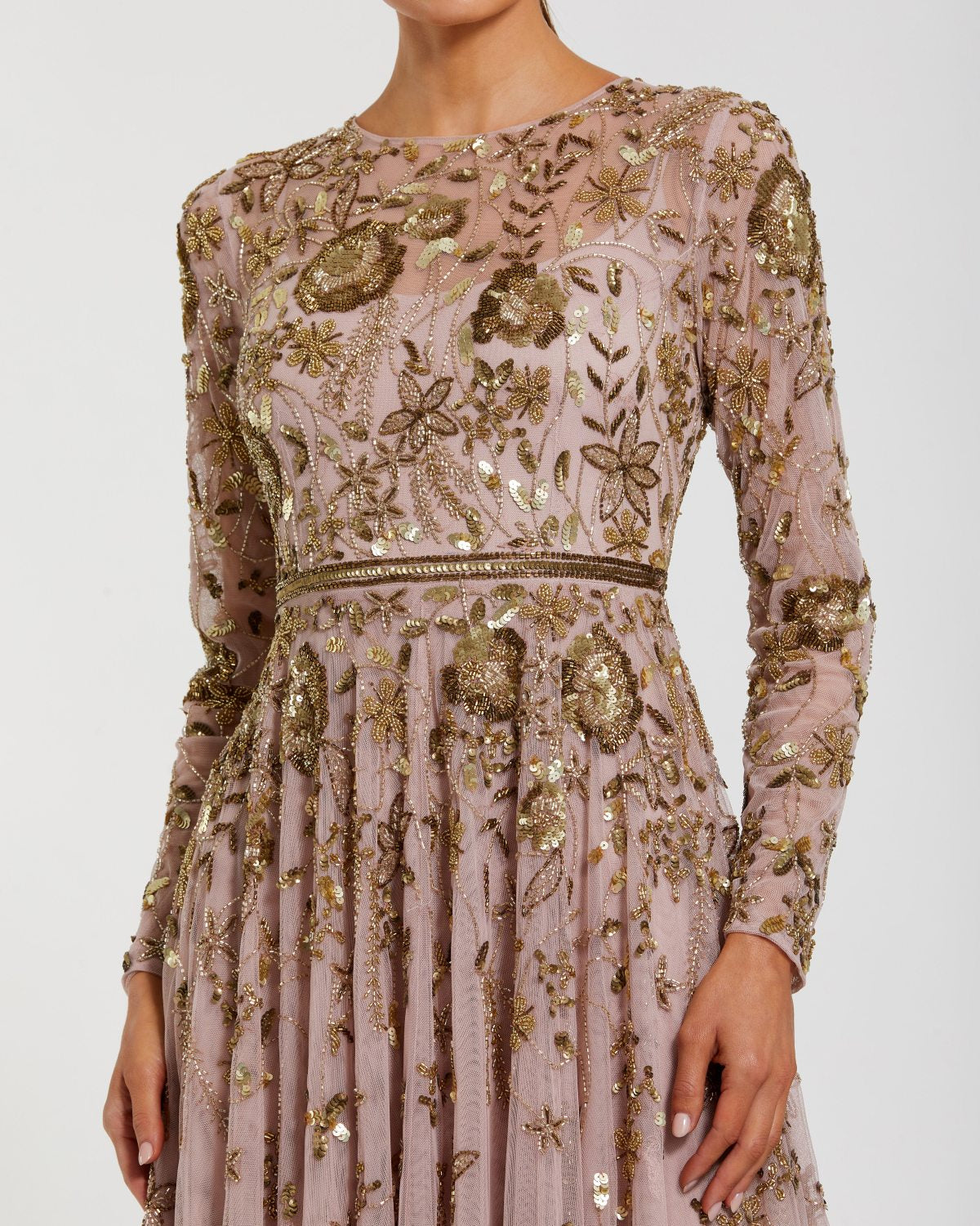 Light Pink Long Sleeve Hand Embellished Floral A-line Gown
