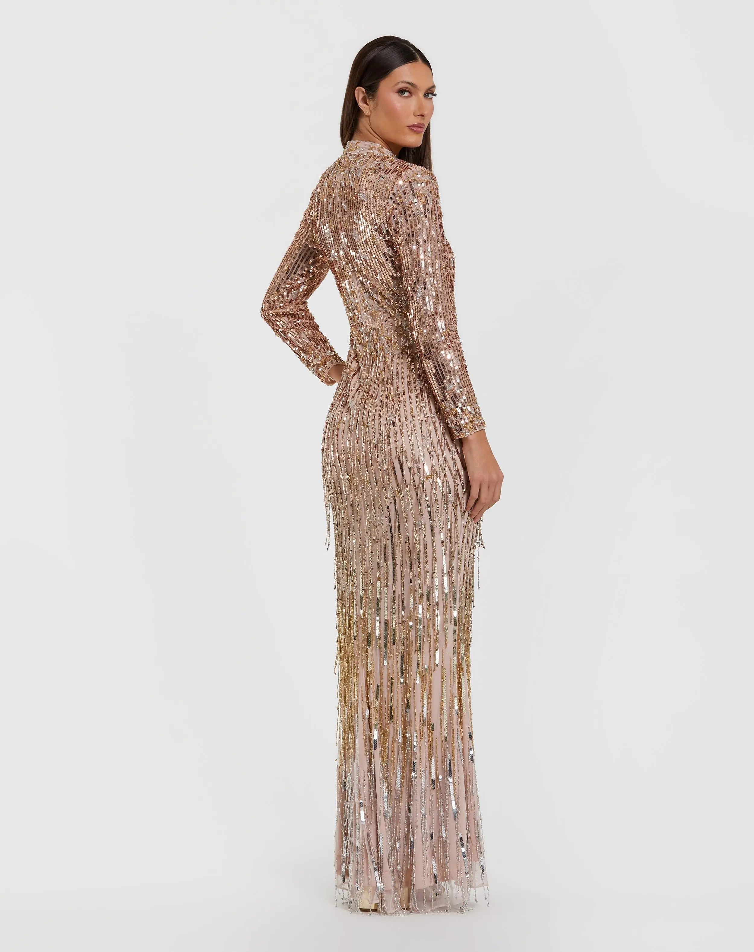 Pink Long Sleeve Fringe Embellished Column Gown
