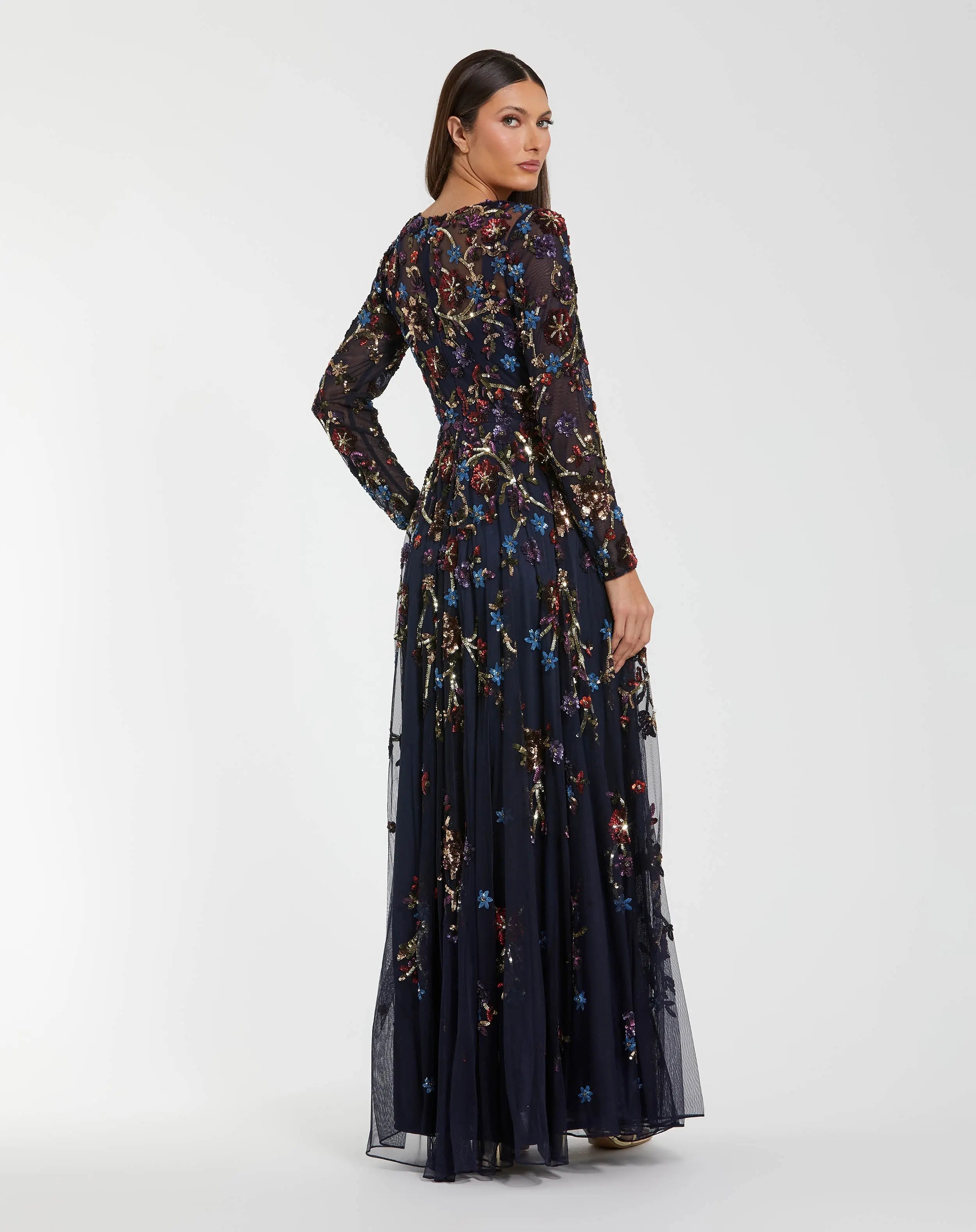 Navy Beaded Long Sleeve High Neck A-Line Gown