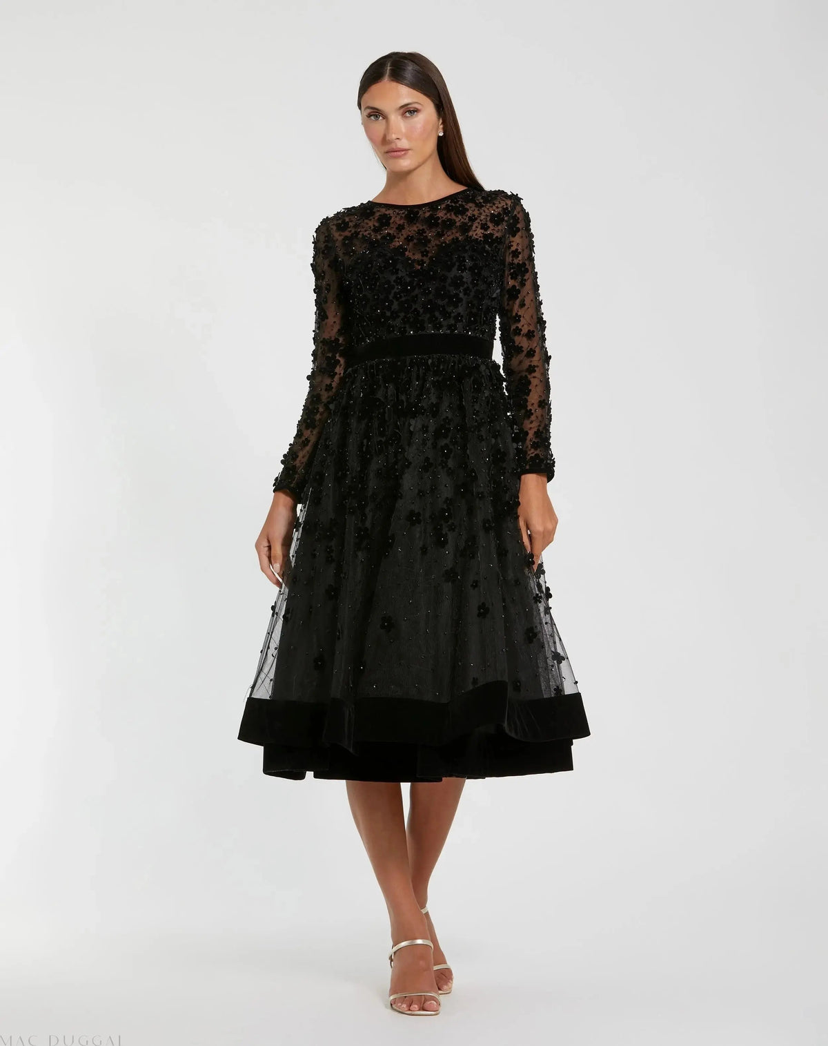 Black Velvet Embellished Illusion Long Sleeve A-Line Midi Dress