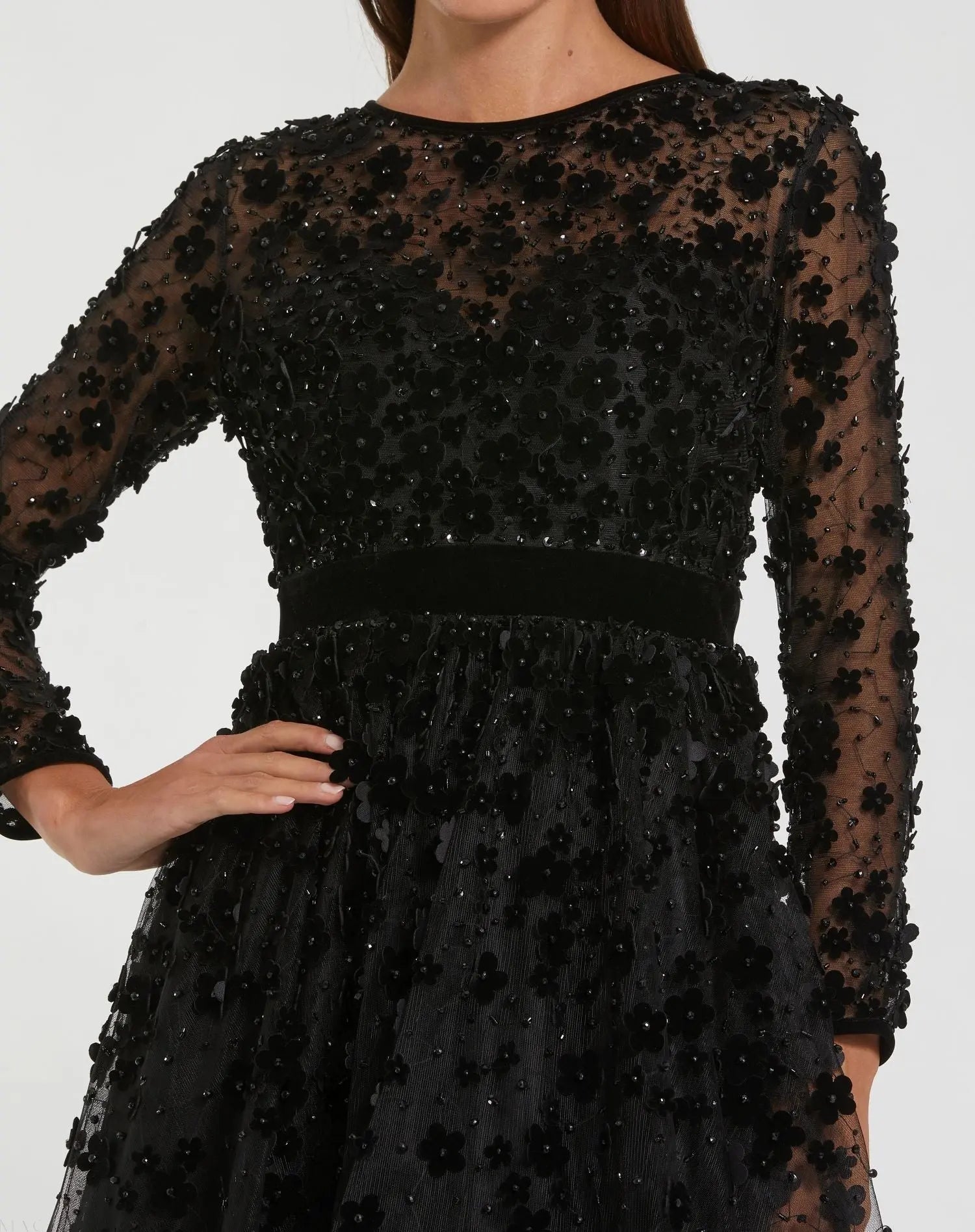 Black Velvet Embellished Illusion Long Sleeve A-Line Midi Dress