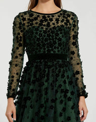 Green Velvet Embellished Illusion Long Sleeve A-Line Midi Dress