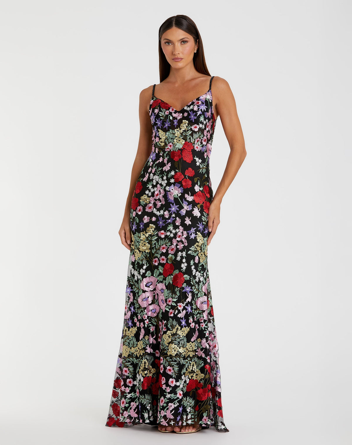 Black Embroidered Floral Trumpet Gown