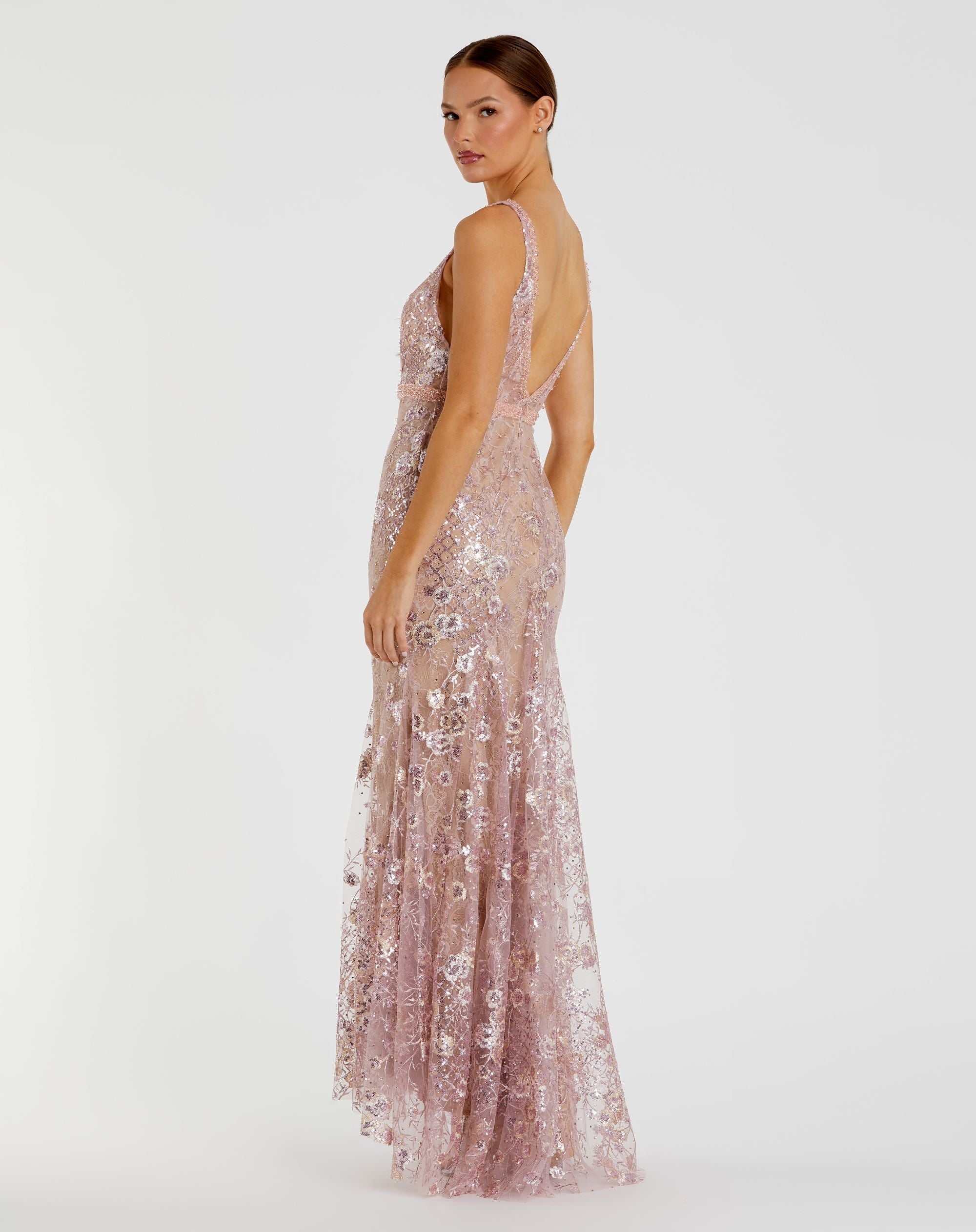 Pink Floral Embellished Sleeveless Plunge Neck Gown