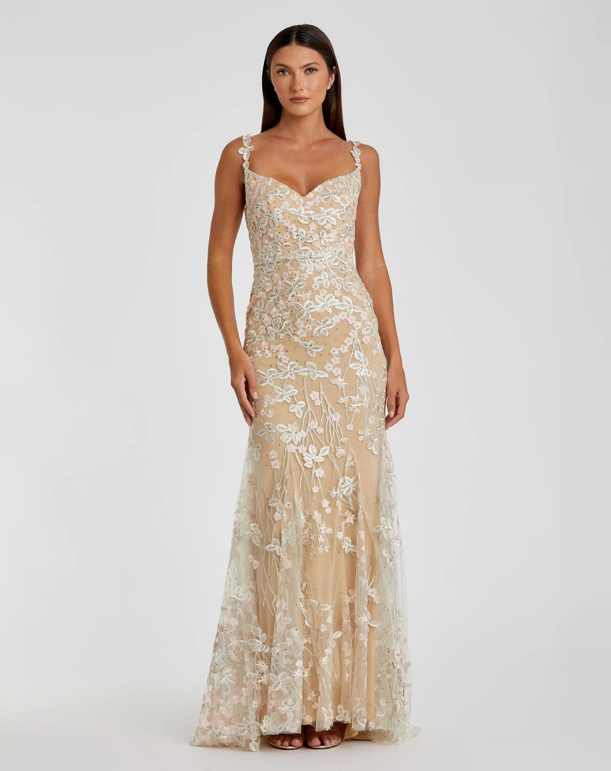 Beige Floral Embroidered Tulle Trumpet Gown