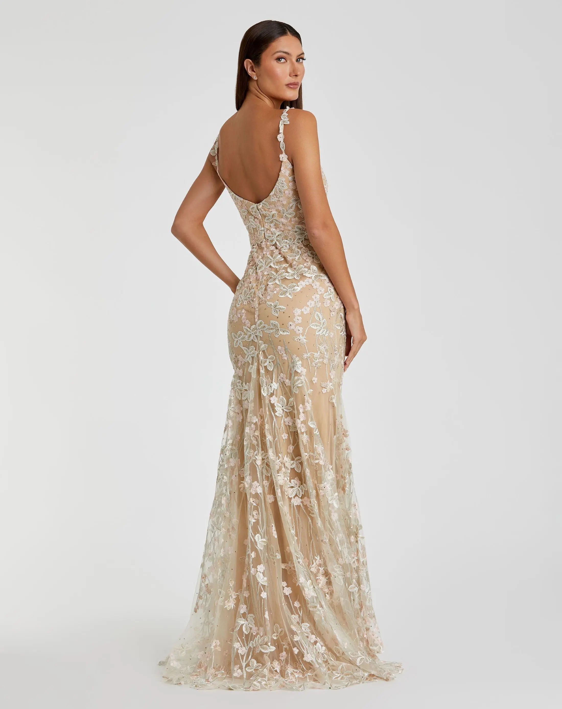 Beige Floral Embroidered Tulle Trumpet Gown