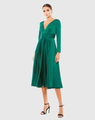 Green Plunge Neck Satin A-Line Dress