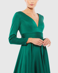 Green Plunge Neck Satin A-Line Dress