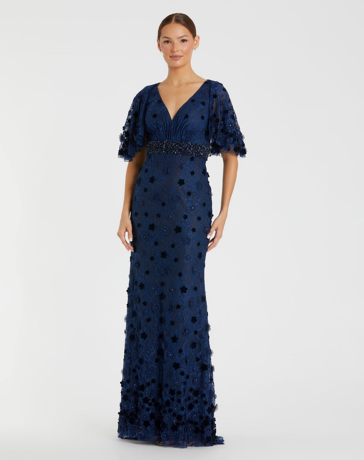 Navy Flutter Sleeve Embellished Lace Gown
