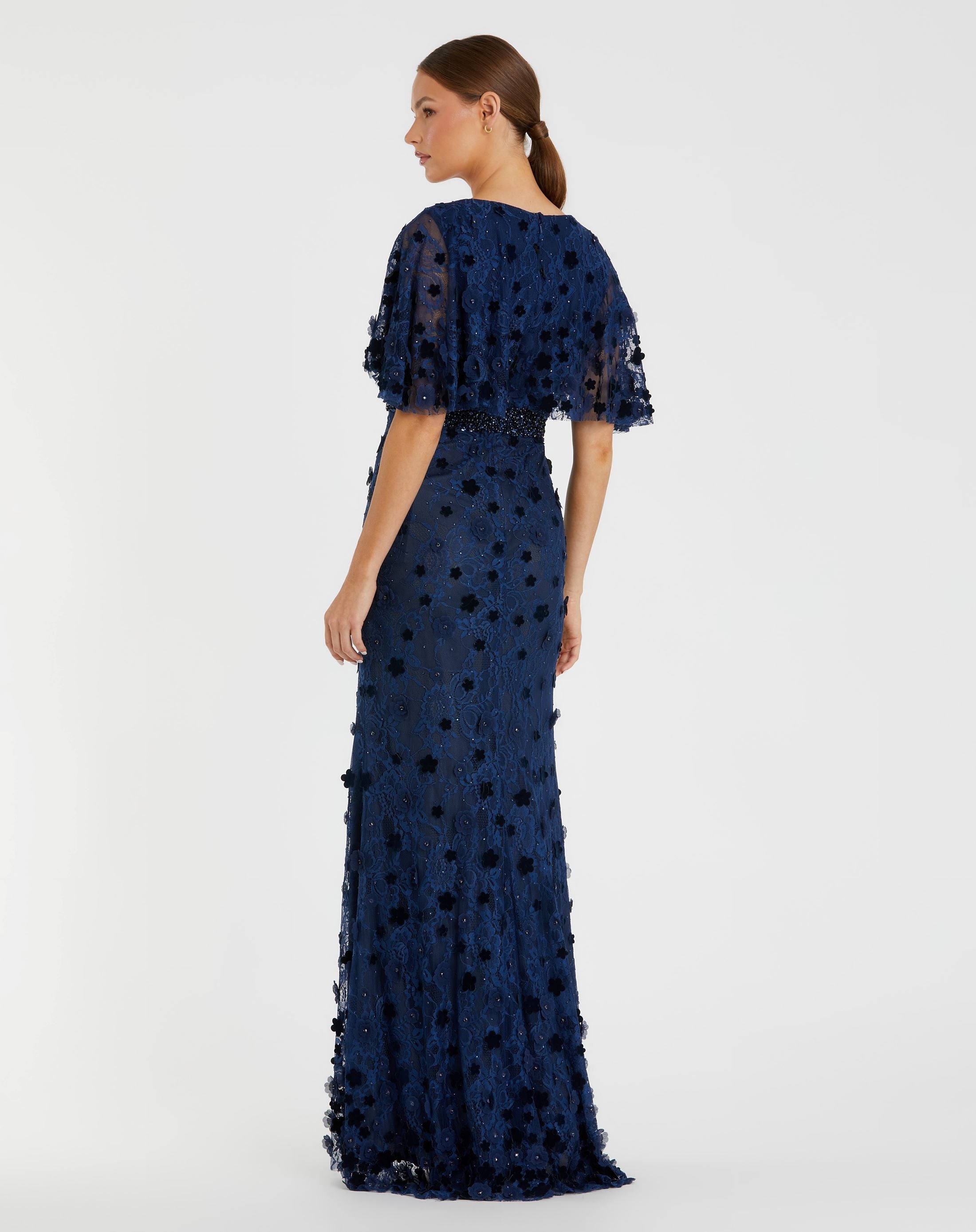 Navy Flutter Sleeve Embellished Lace Gown