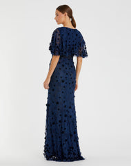 Navy Flutter Sleeve Embellished Lace Gown