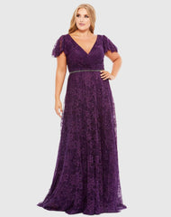 Purple Embellished Flutter Sleeve Evening Gown (Plus)