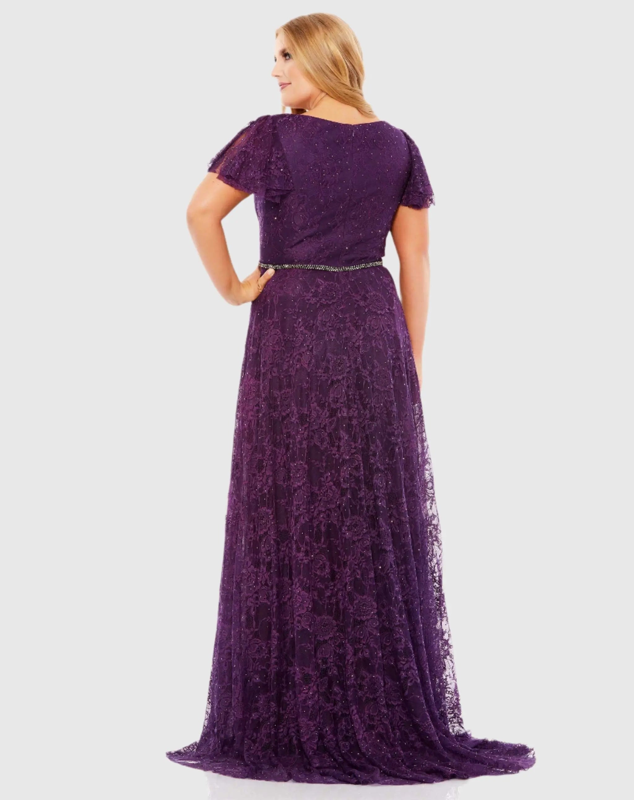 Purple Embellished Flutter Sleeve Evening Gown (Plus)