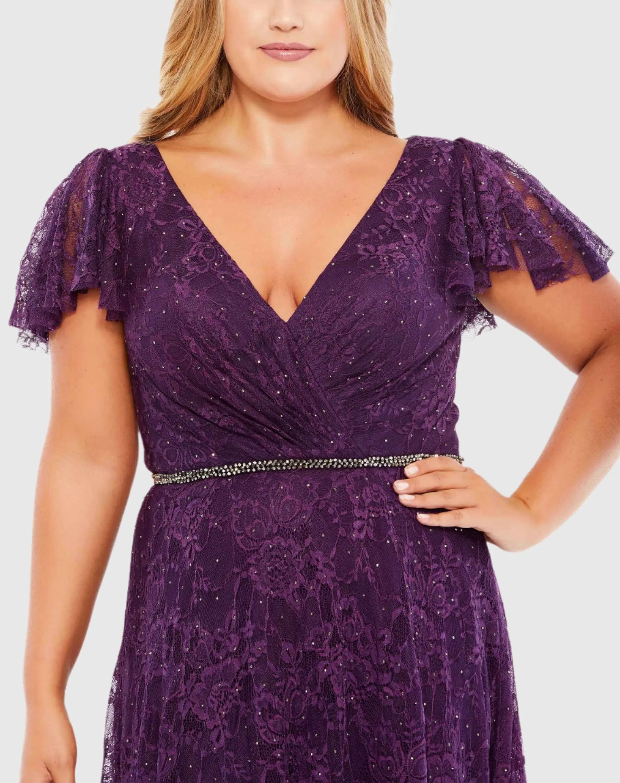 Purple Embellished Flutter Sleeve Evening Gown (Plus)
