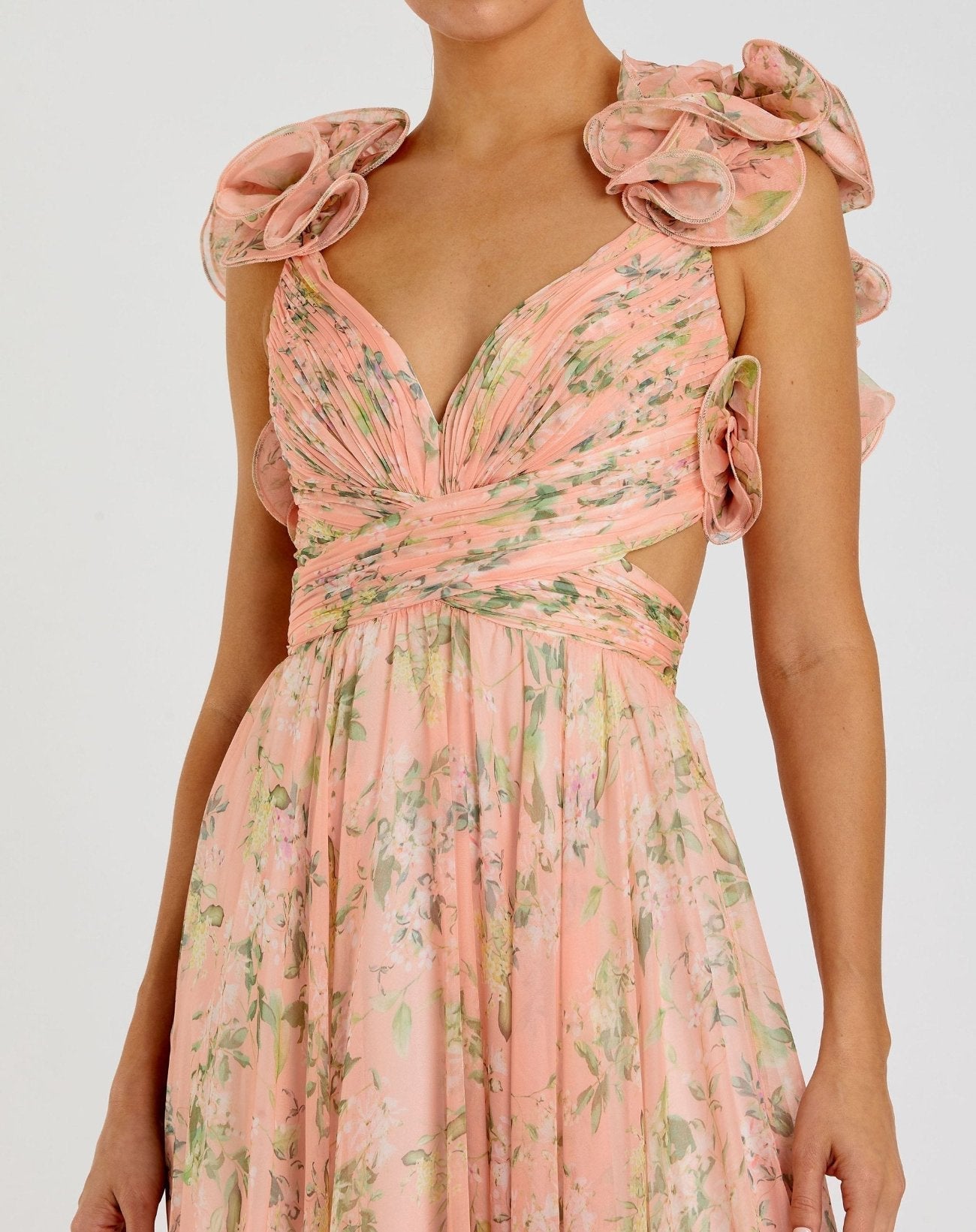 Pink Ruffle Tiered Floral Cut-Out Chiffon Gown