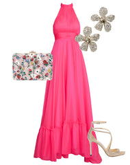 Pink High Neck Tiered Chiffon Halter Gown