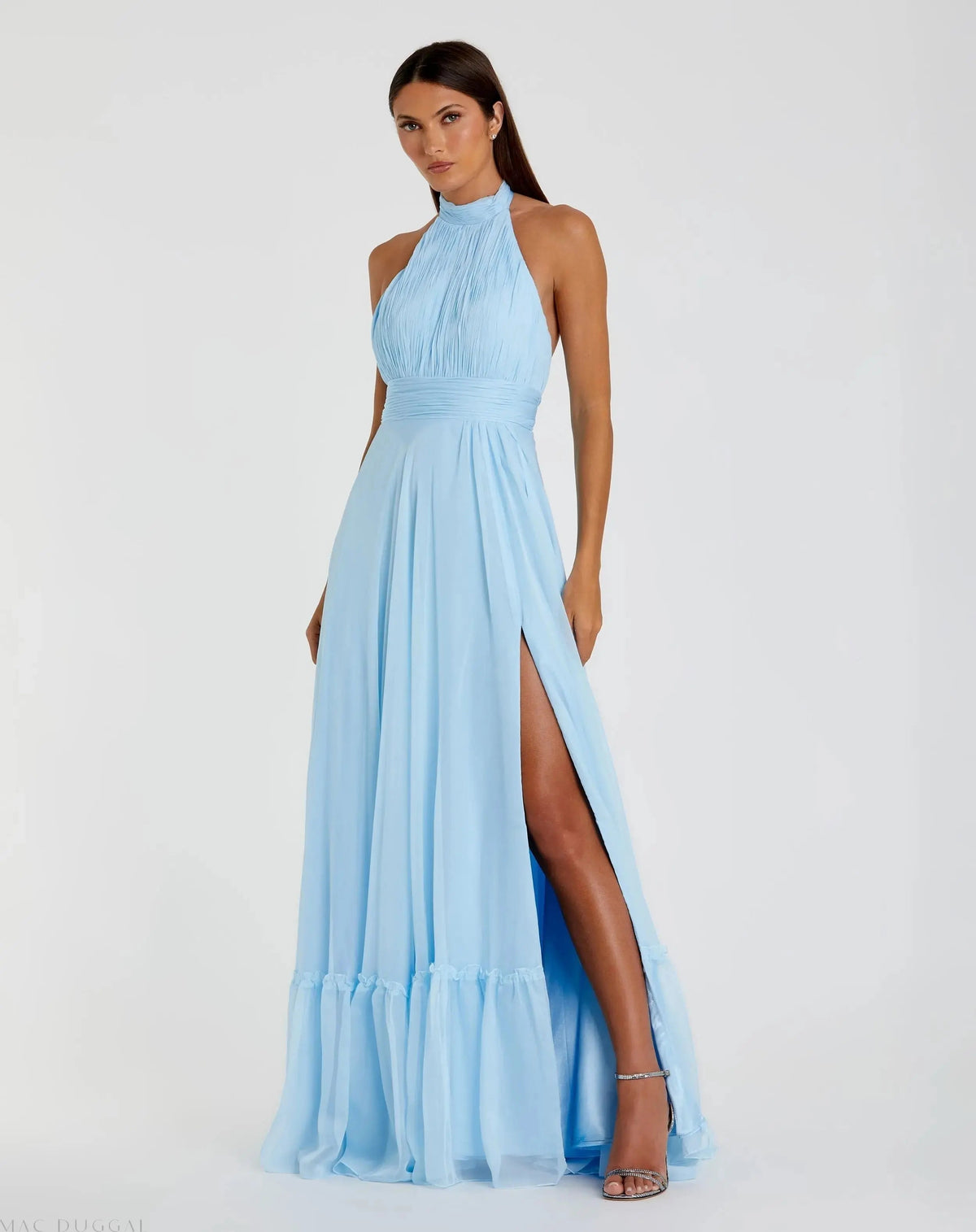 Blue High Neck Tiered Chiffon Halter Gown