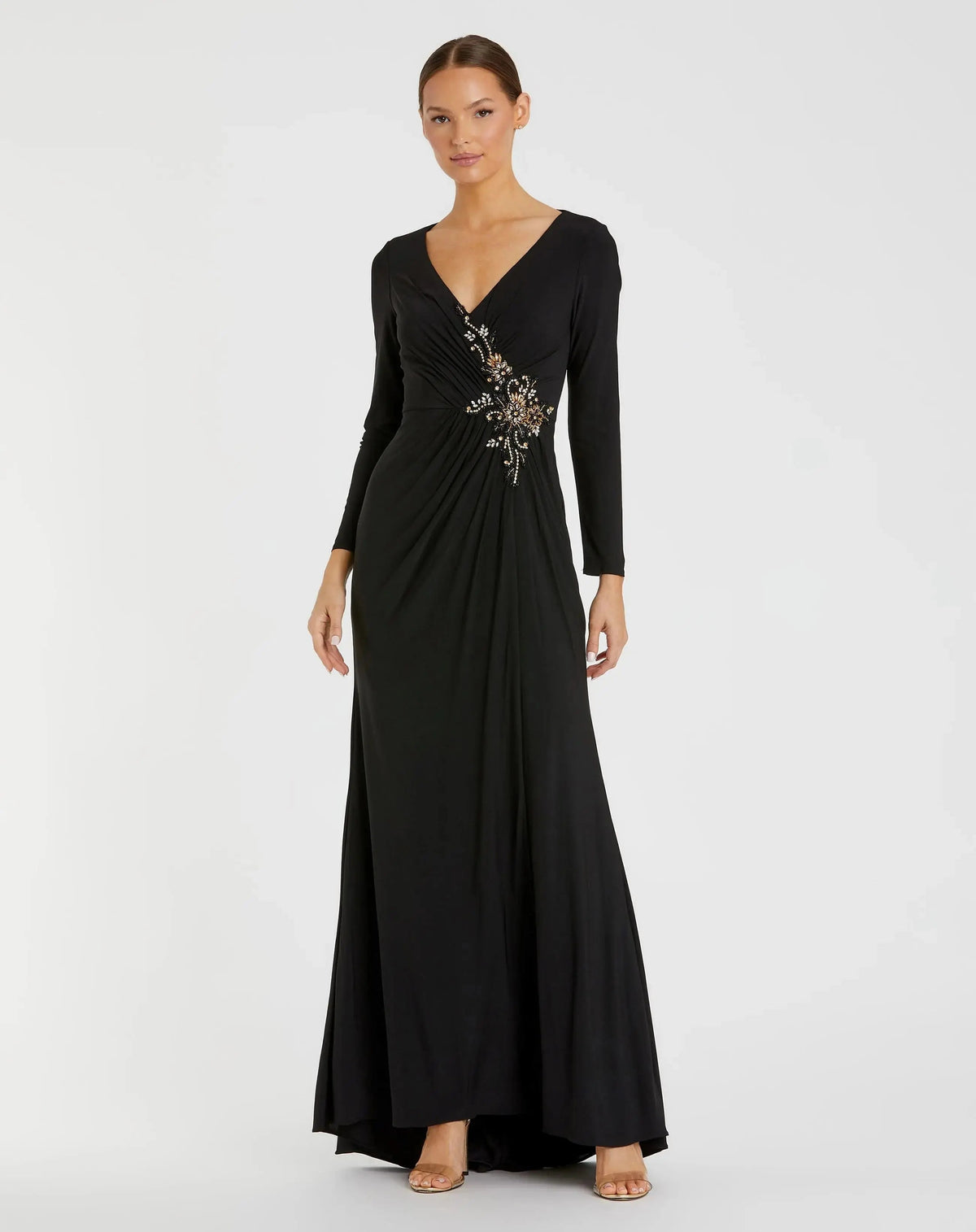 Black Faux Wrap Long Sleeve Evening Gown with Appliqué Detail