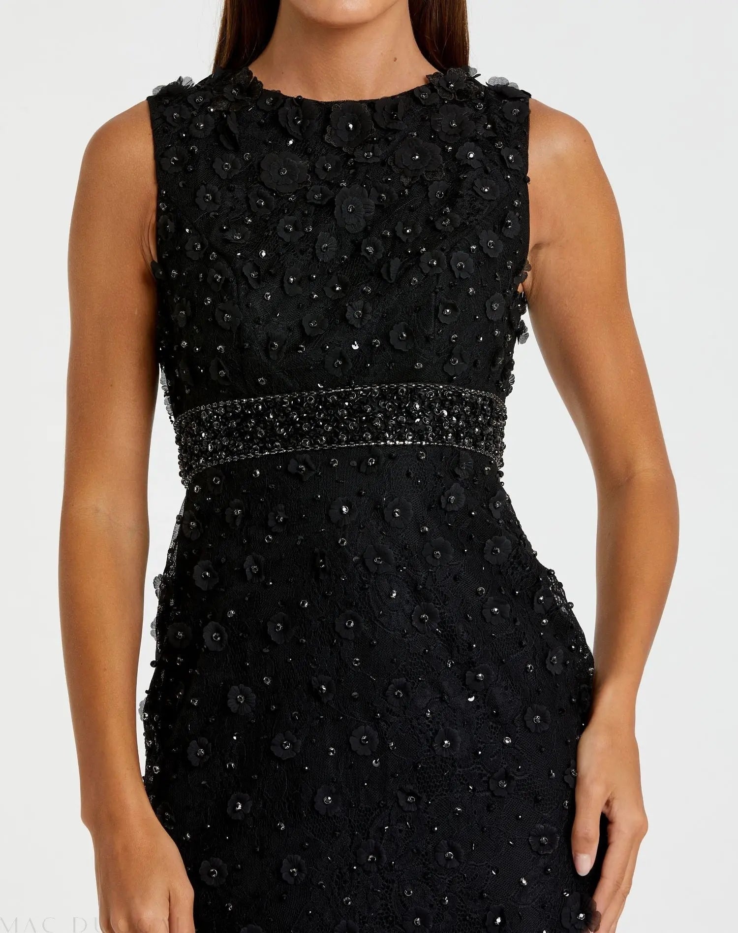 Black Floral Applique Sleeveless Midi Dress