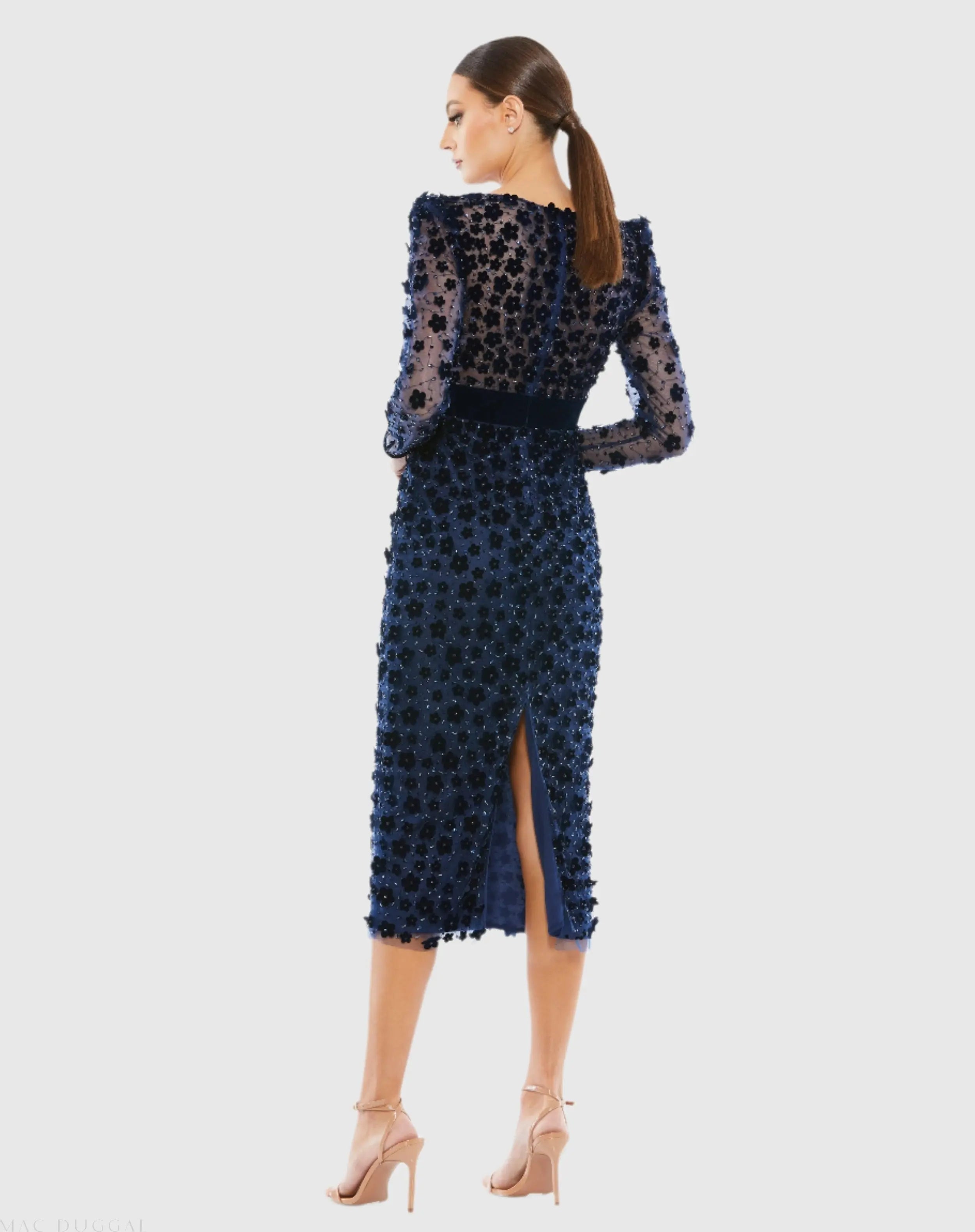 Navy Velvet Embellished V Neck Long Sleeve Sheath Dress