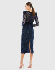 Navy Velvet Embellished V Neck Long Sleeve Sheath Dress