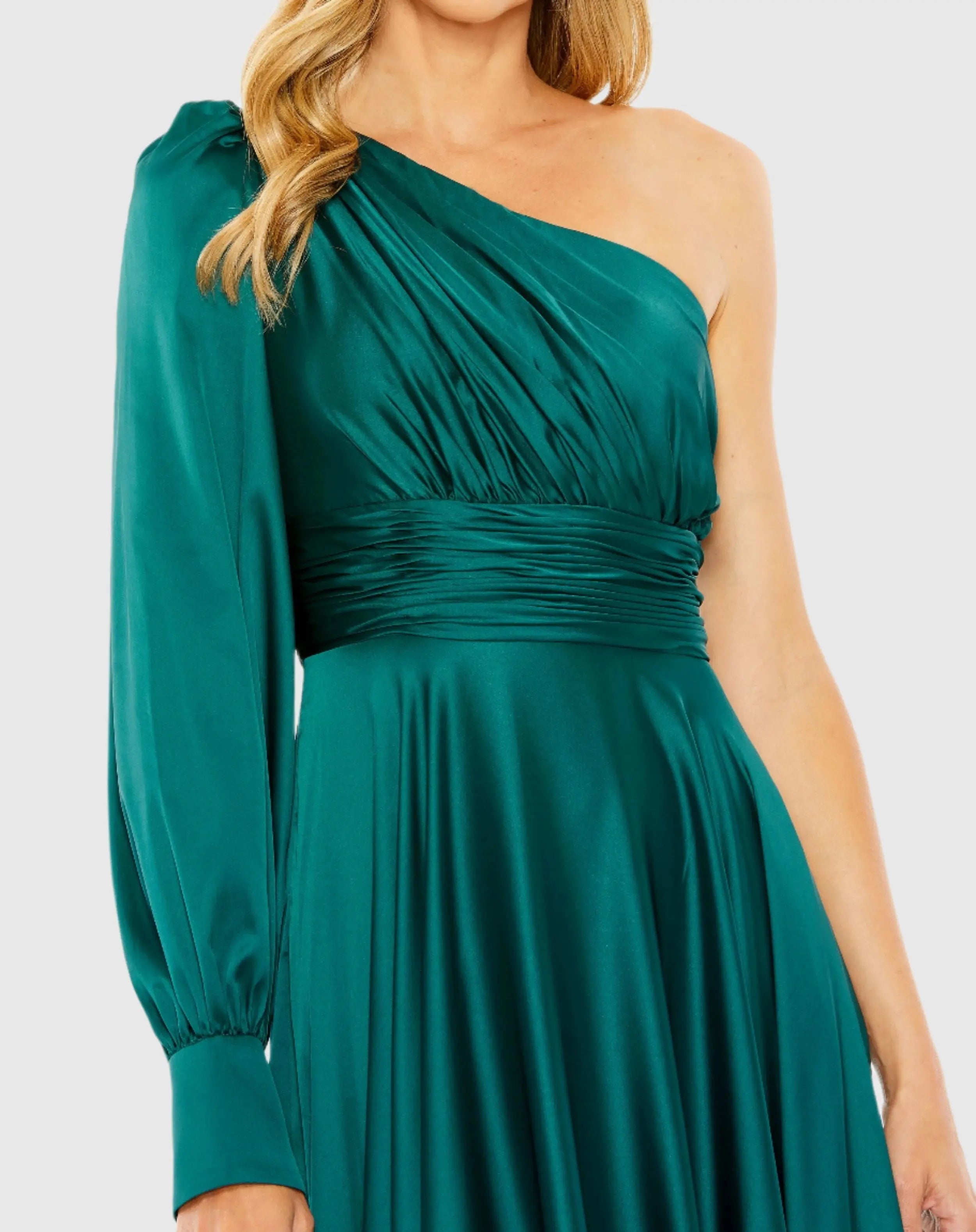 Green One Shoulder Bishop Sleeve Flowy Gown