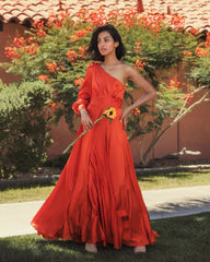 Orange One Shoulder Bishop Sleeve Flowy Gown - FINAL SALE