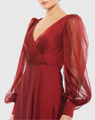 Red Sheer Blouson Sleeve Surplice Gown