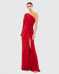 One Shoulder Puff Sleeve Faux Wrap Gown