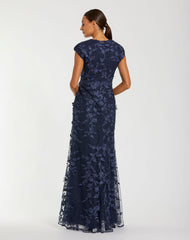 Navy Faux Wrap Embroidered Cap Sleeve Gown
