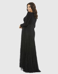 Black Wrap Over Long Sleeve Lace Applique Trumpet Gown (Plus)