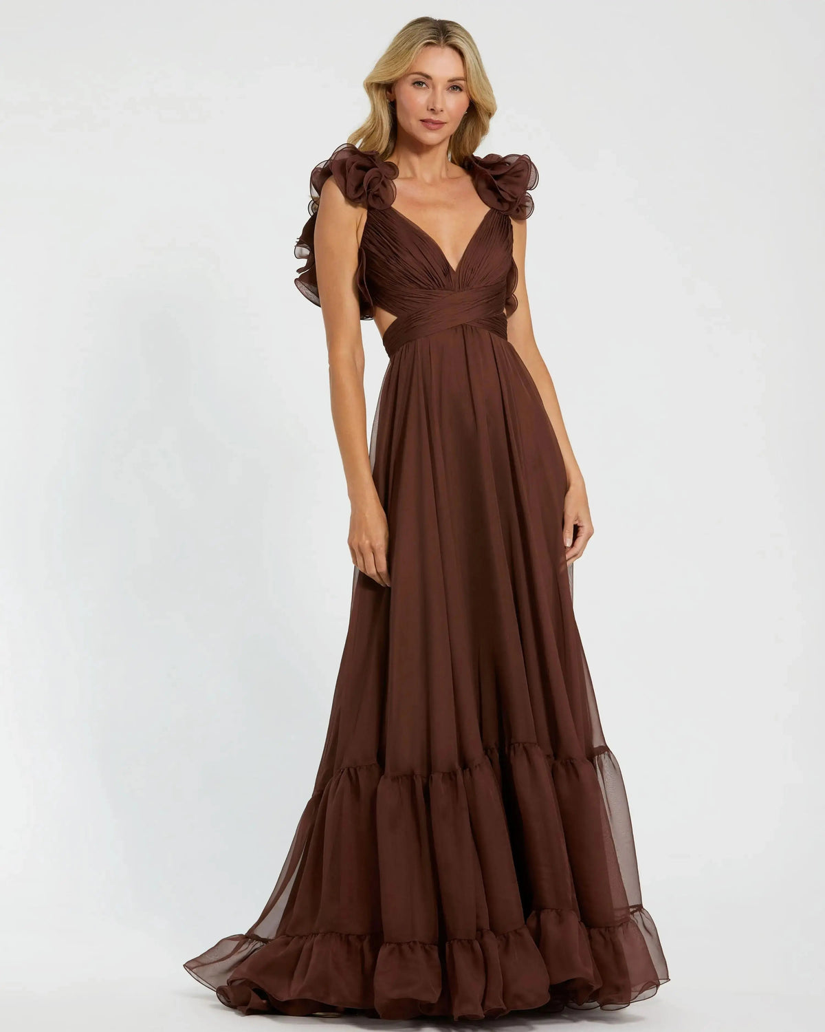 Brown Ruffle Tiered Cut-Out Chiffon Gown