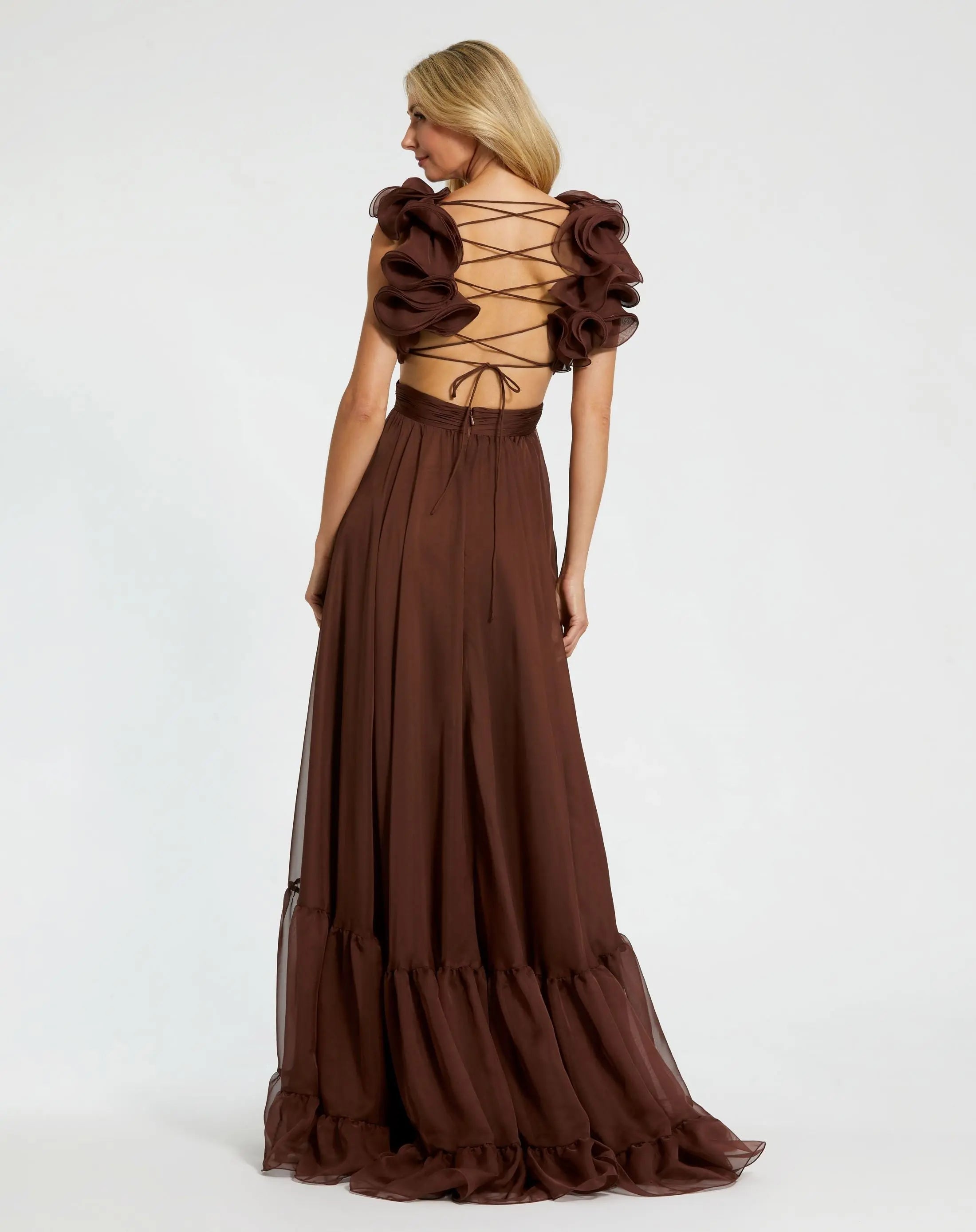 Brown Ruffle Tiered Cut-Out Chiffon Gown